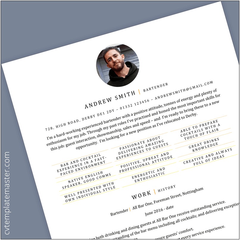 Free Bartender Resume Template With Picture