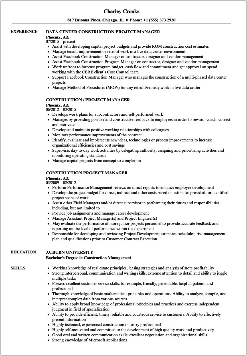 Free Construction Project Manager Resume