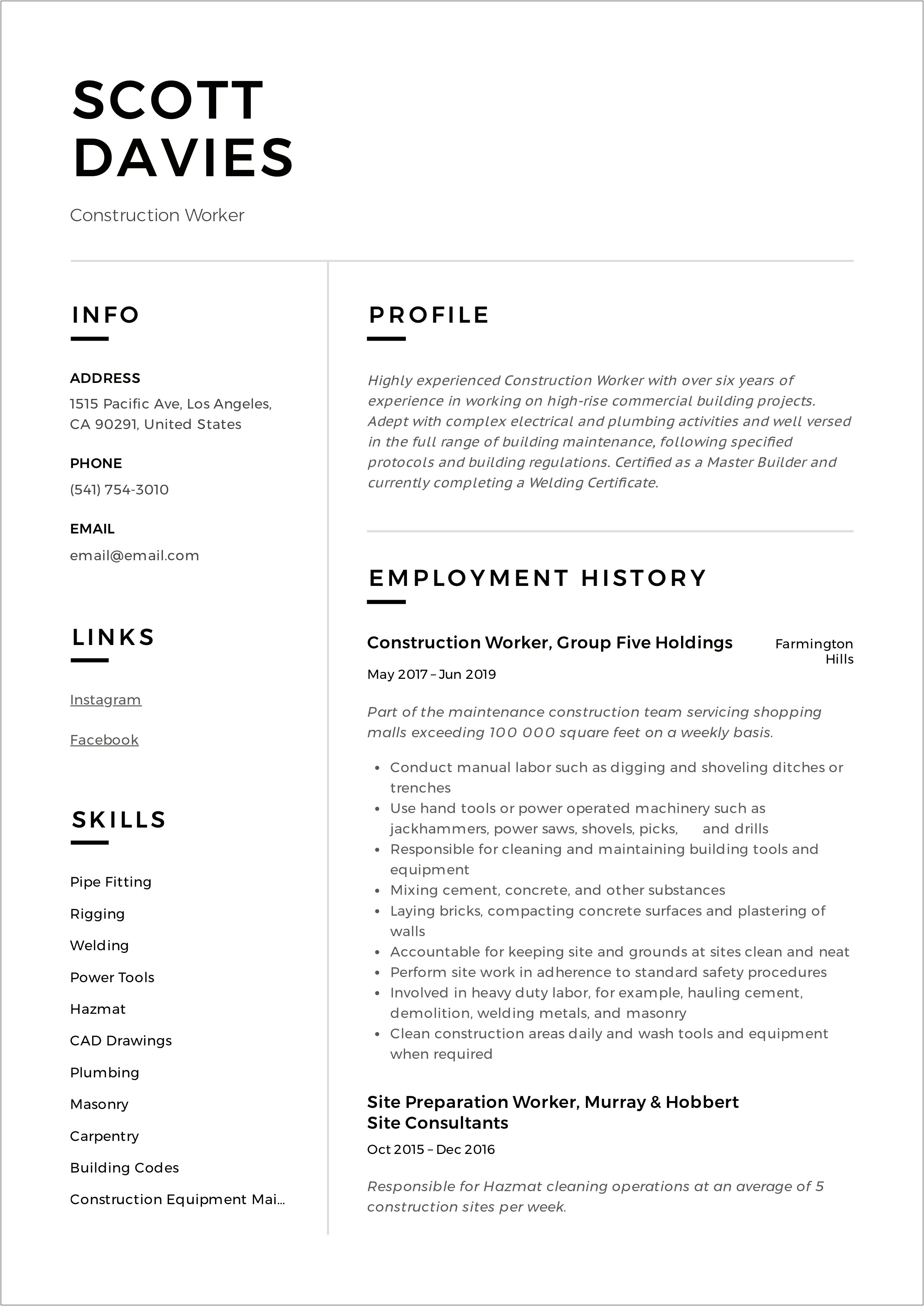 Free Construction Resume Templates Download