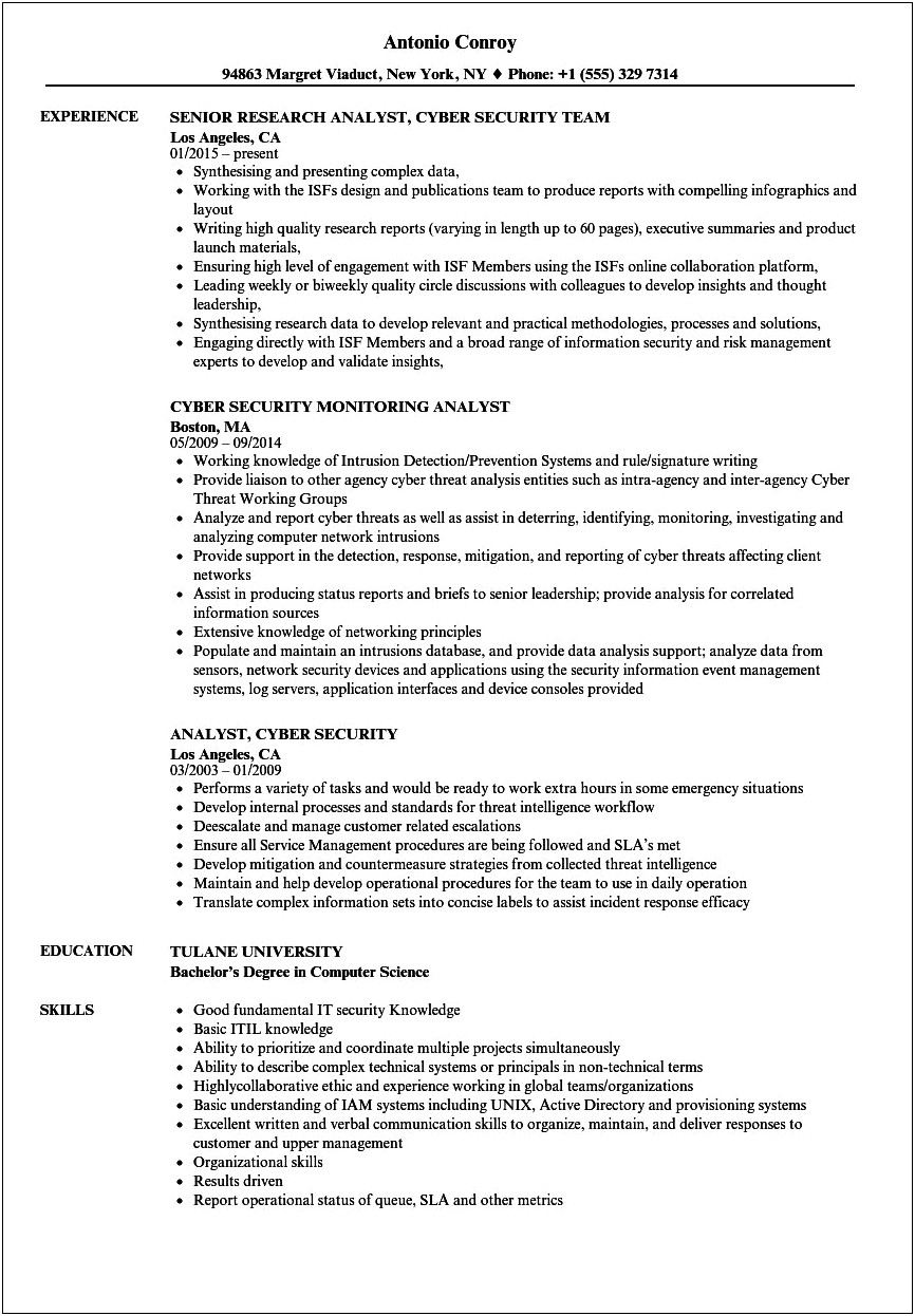 Free Cyber Security Resume Examples