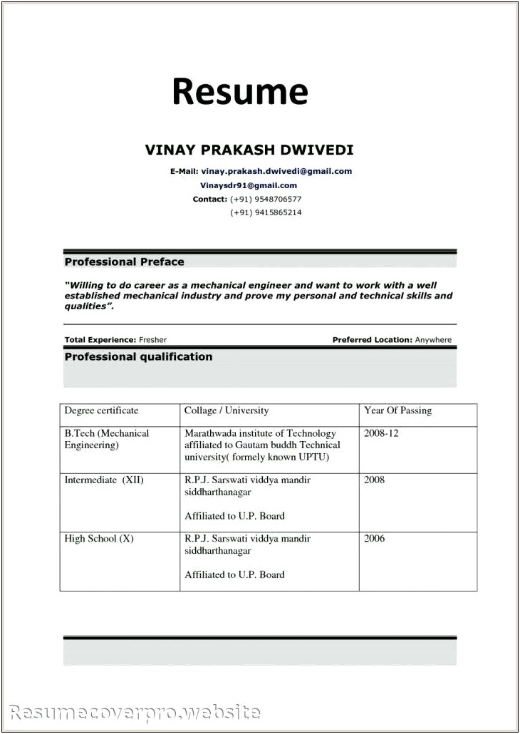 Free Download Resume Format For Freshers Mechanical Engineers
