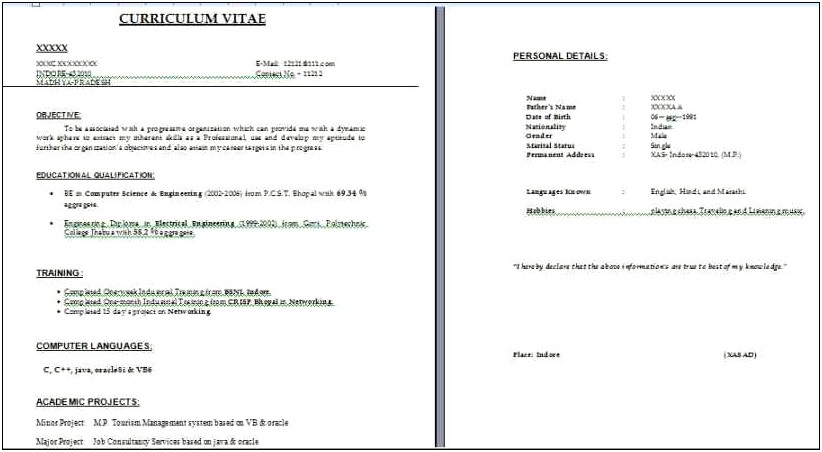 Free Download Resume Format For Freshers With Photo