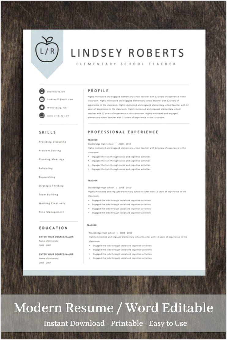 Free Downloadable Template For Teacher Resume