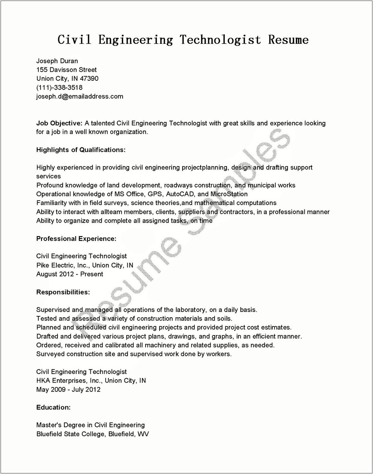Free Example Of Government Engineering Technician Iv Resumes