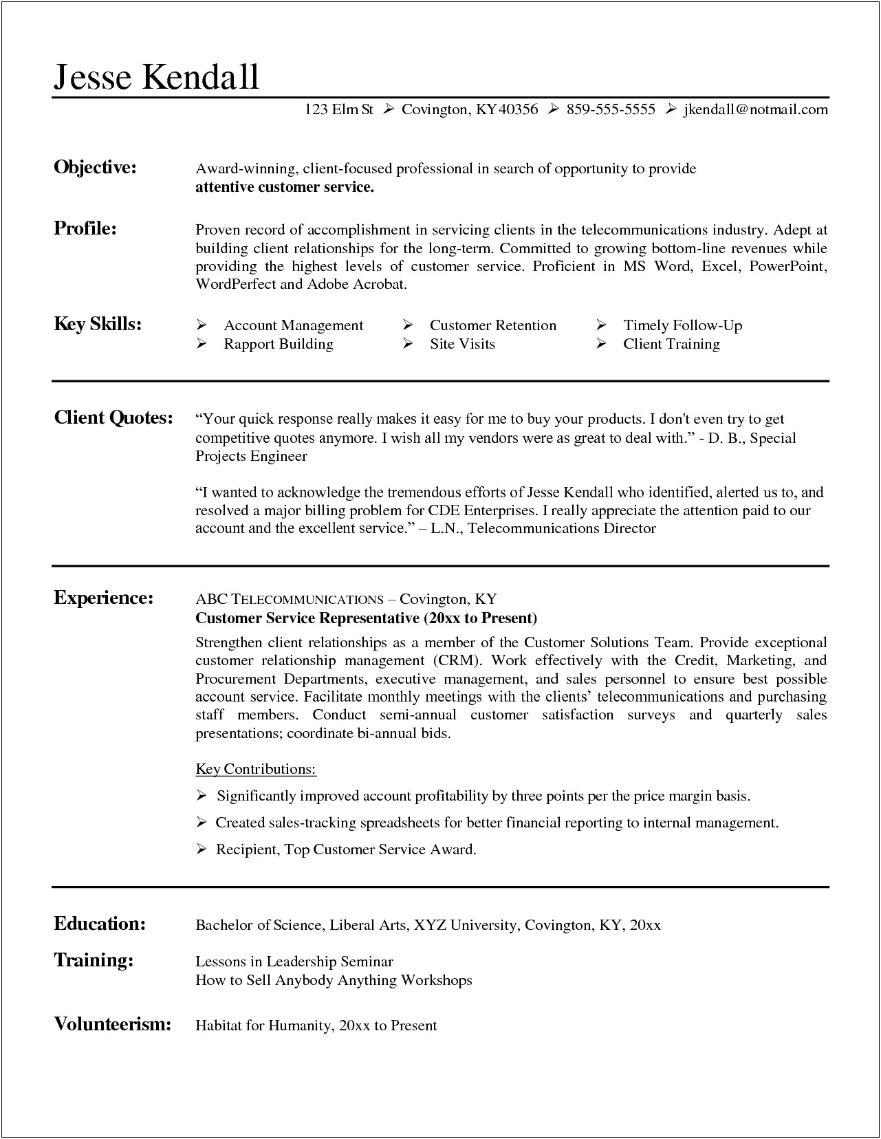 Free Example Of Resume For Customer Service
