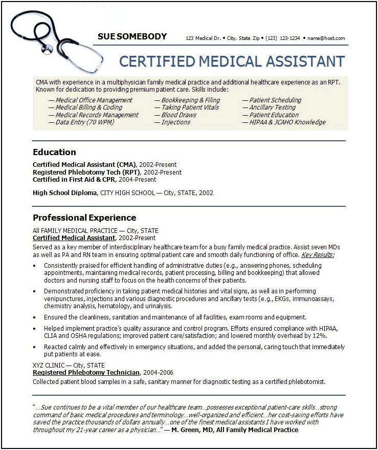 Free Examples Of Medical Assistant Resume