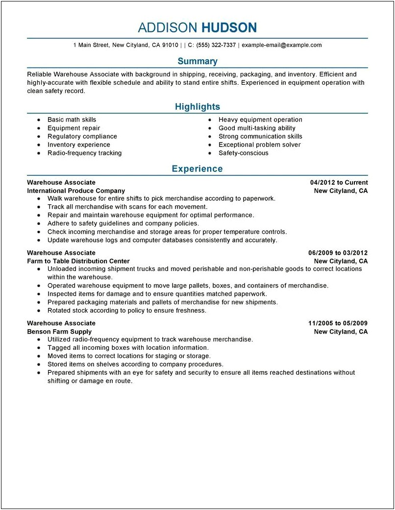 Free Examples Of Warehouse Resumes
