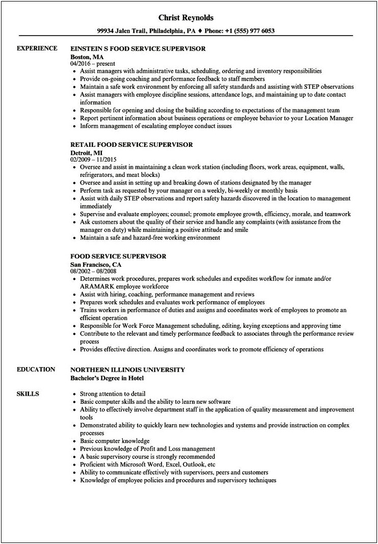 Free Food Service Manager Resume