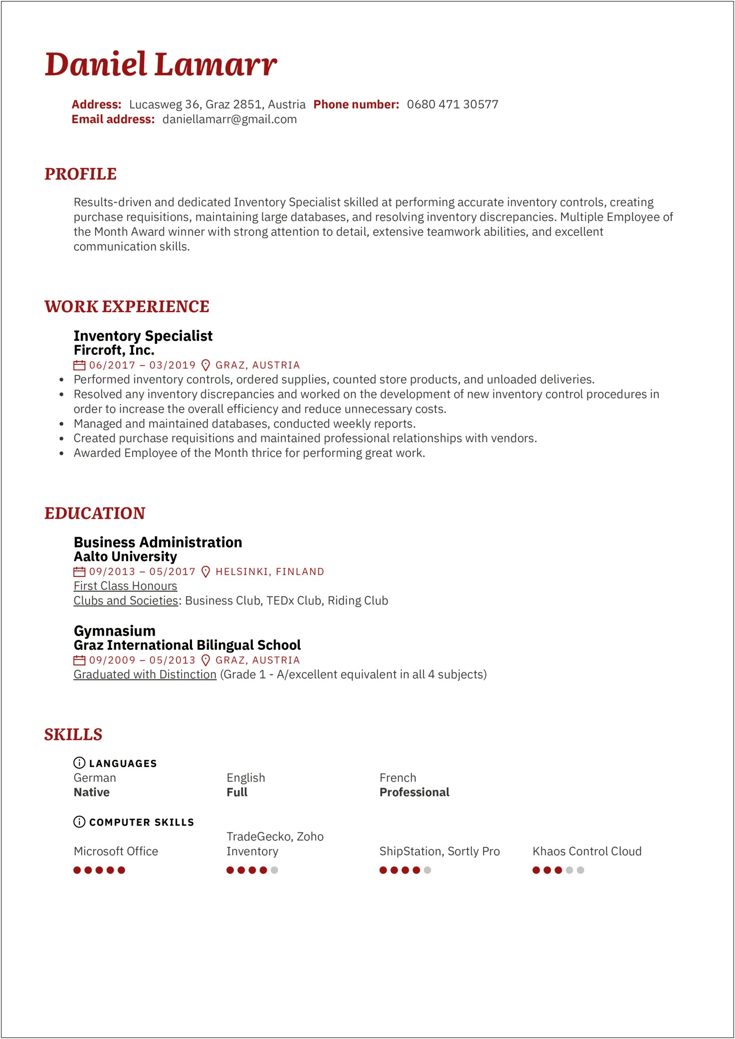 Free Inventory Specialist Resume Sample