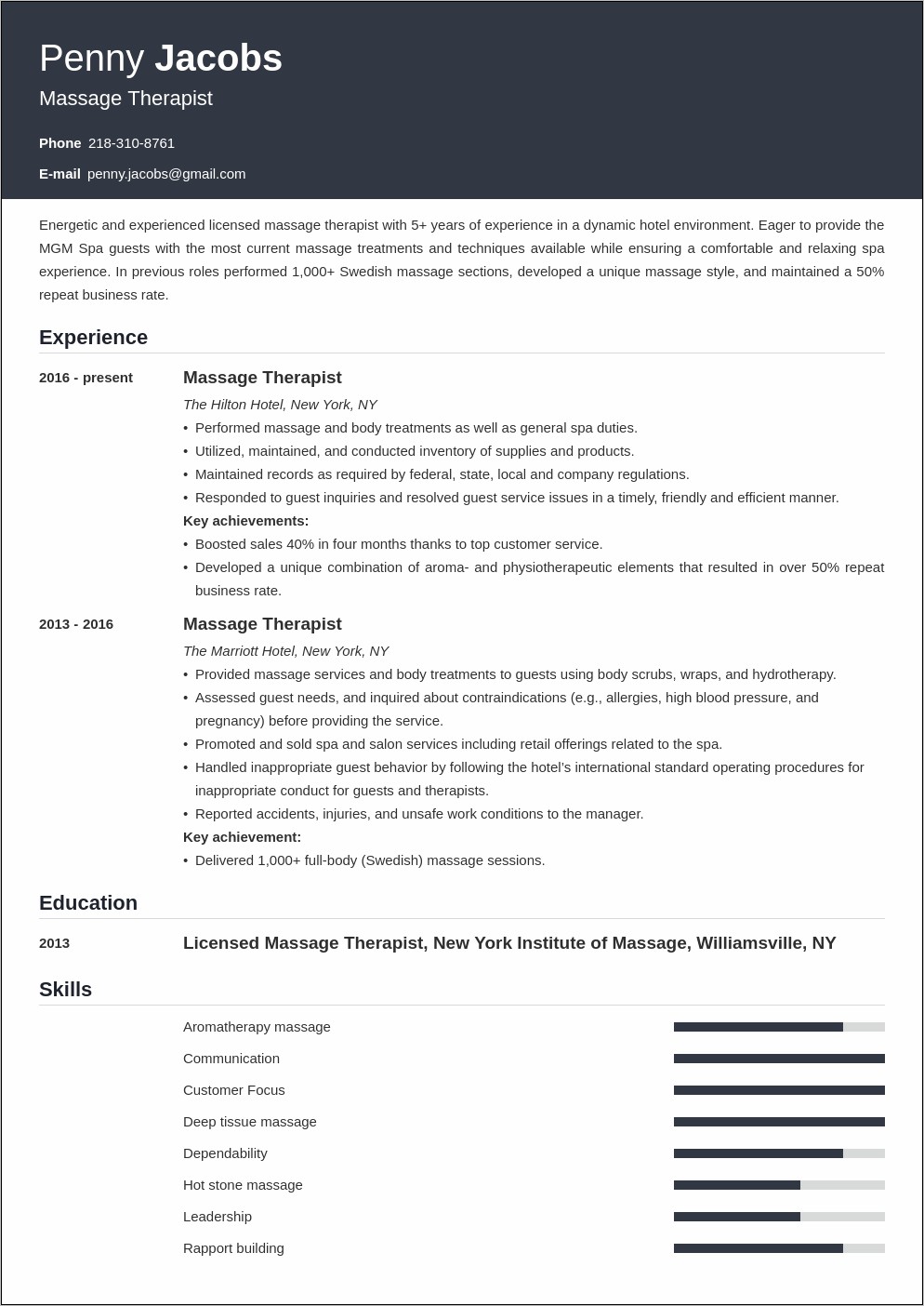 Free Massage Therapy Resume Samples