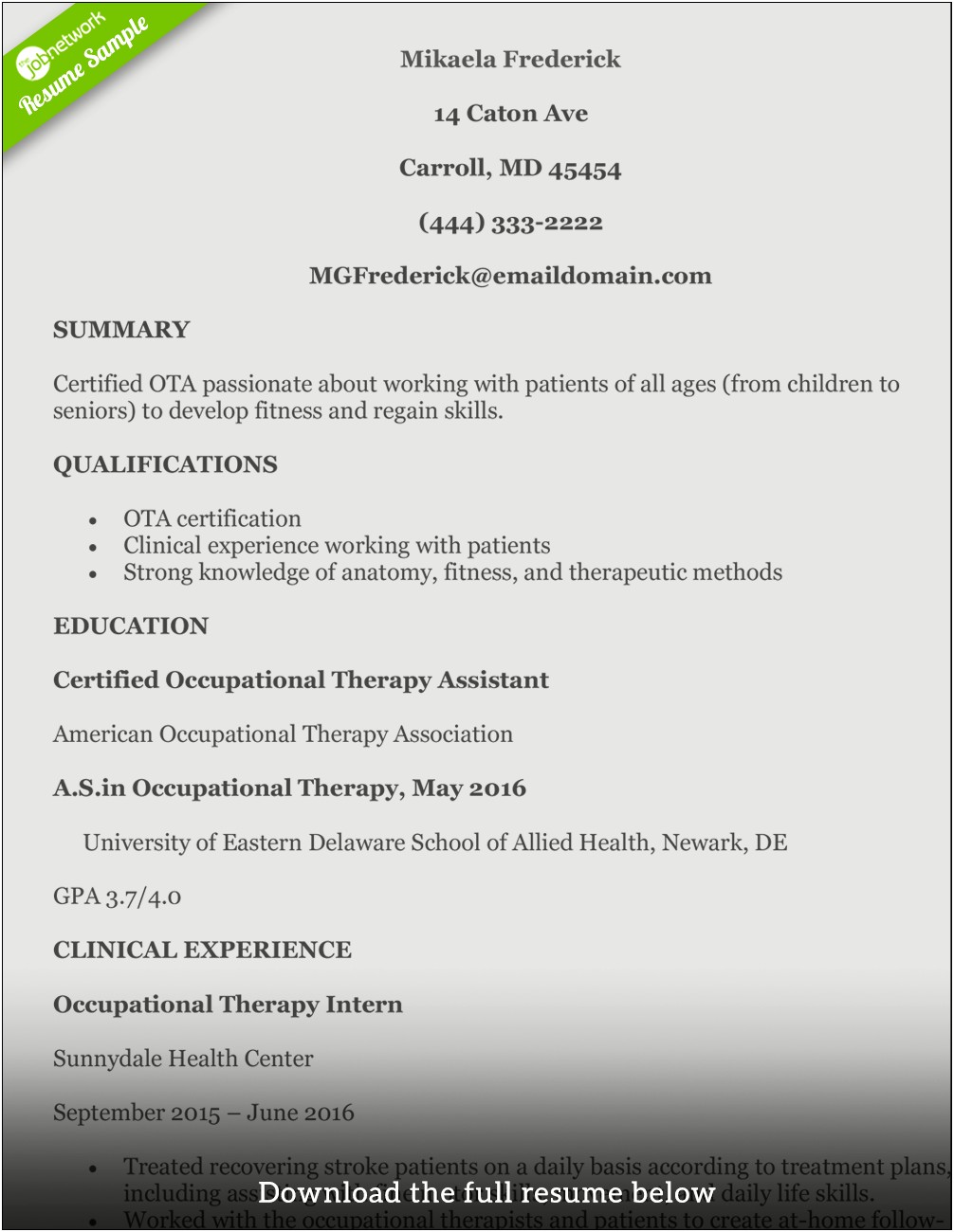 Free Occupational Therapy Resume Templates