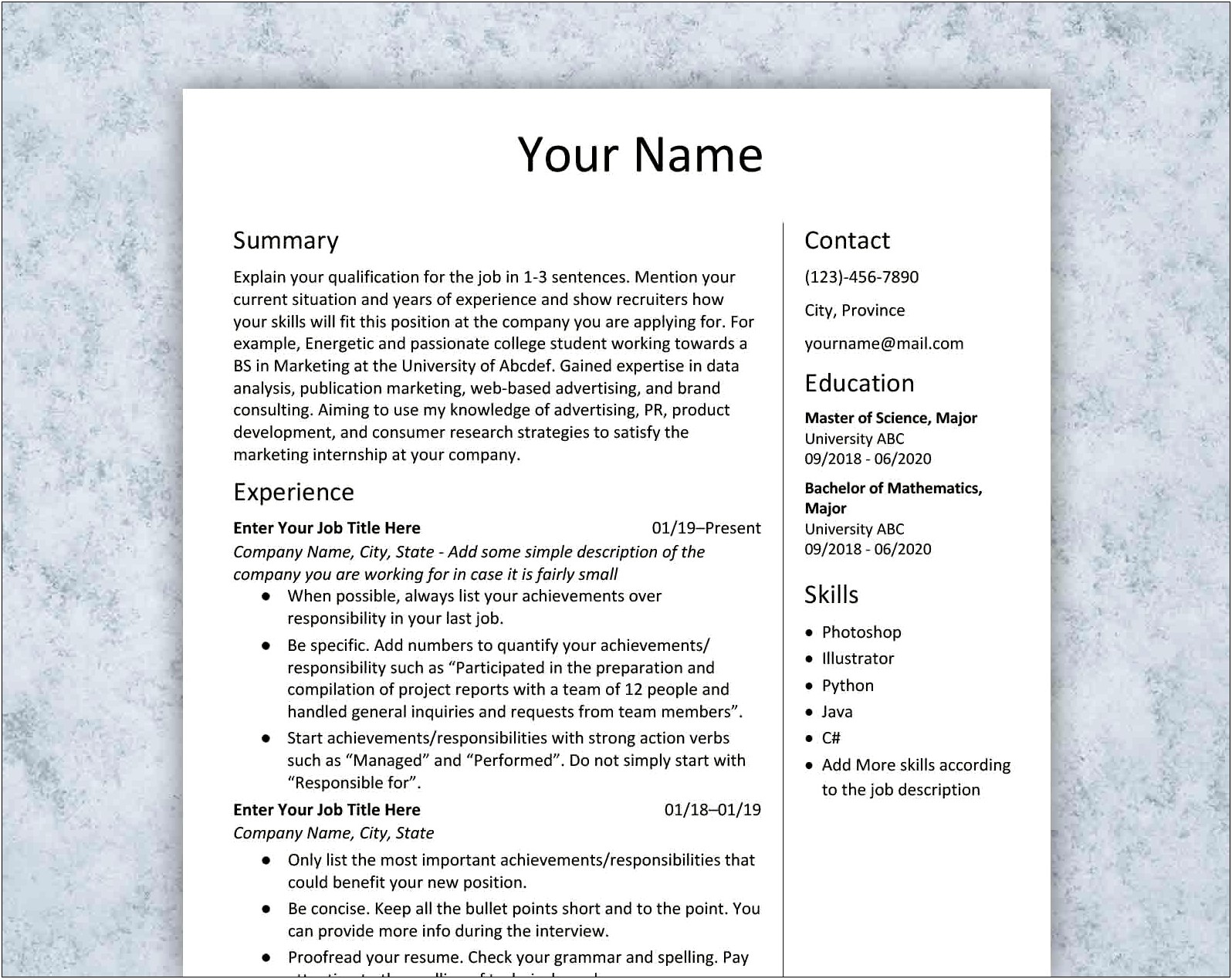 Free One Page Resume Templates 2018