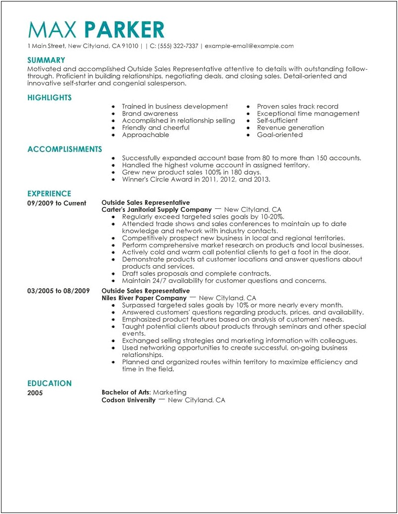 Free Outside Sales Resume Template