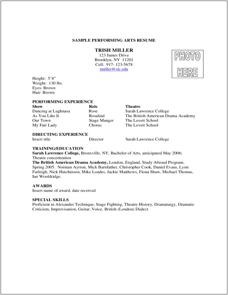 Free Performing Arts Resume Template