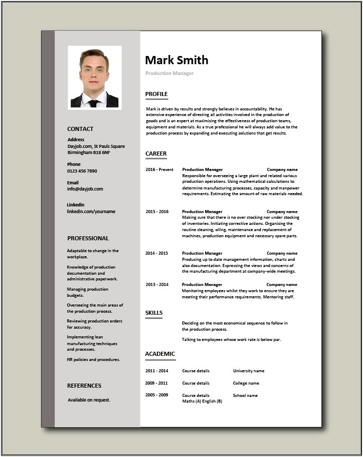 Free Production Manager Resume Samples