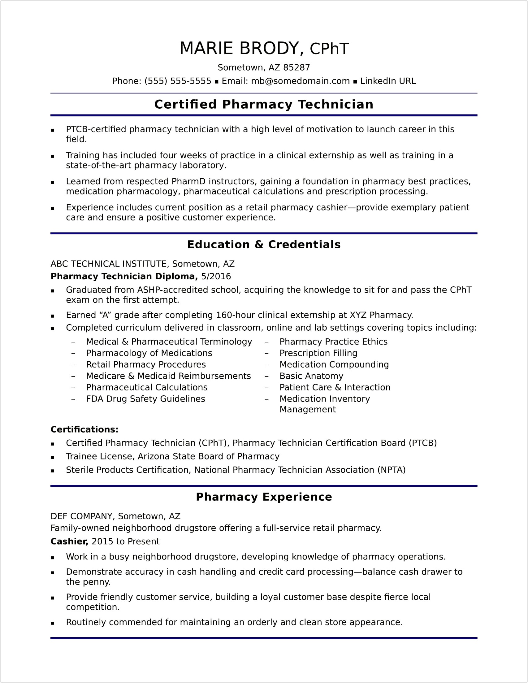 Free Professional Pharmacy Technician Resume