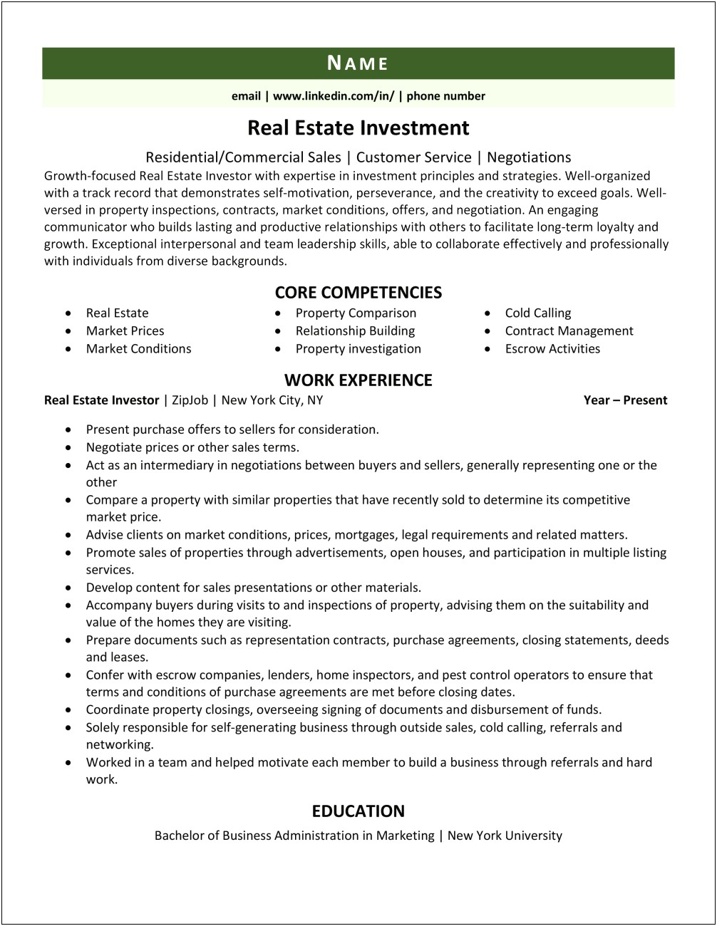Free Real Estate Investing Resume