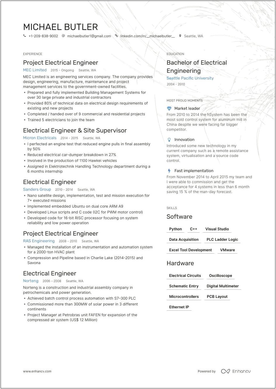 Free Resume Example For Engineering Technician