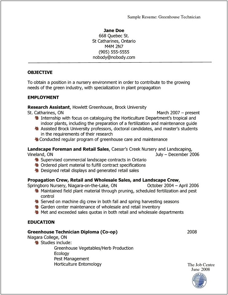 Free Resume Example For Horticulture