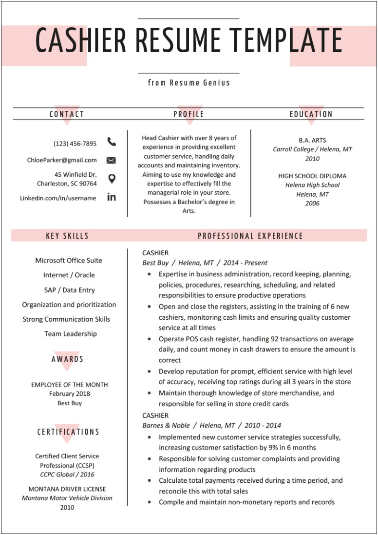 Free Resume Examples For Cashier