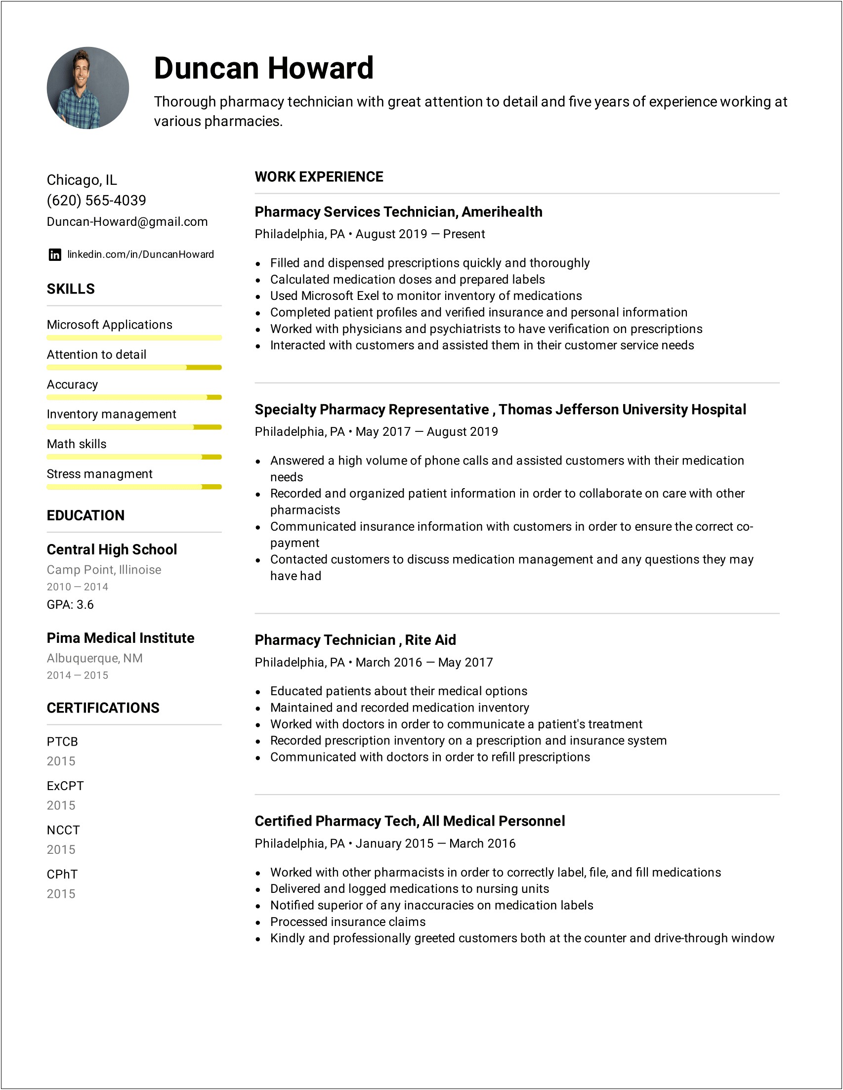 Free Resume Examples For Pharmacy Technicians