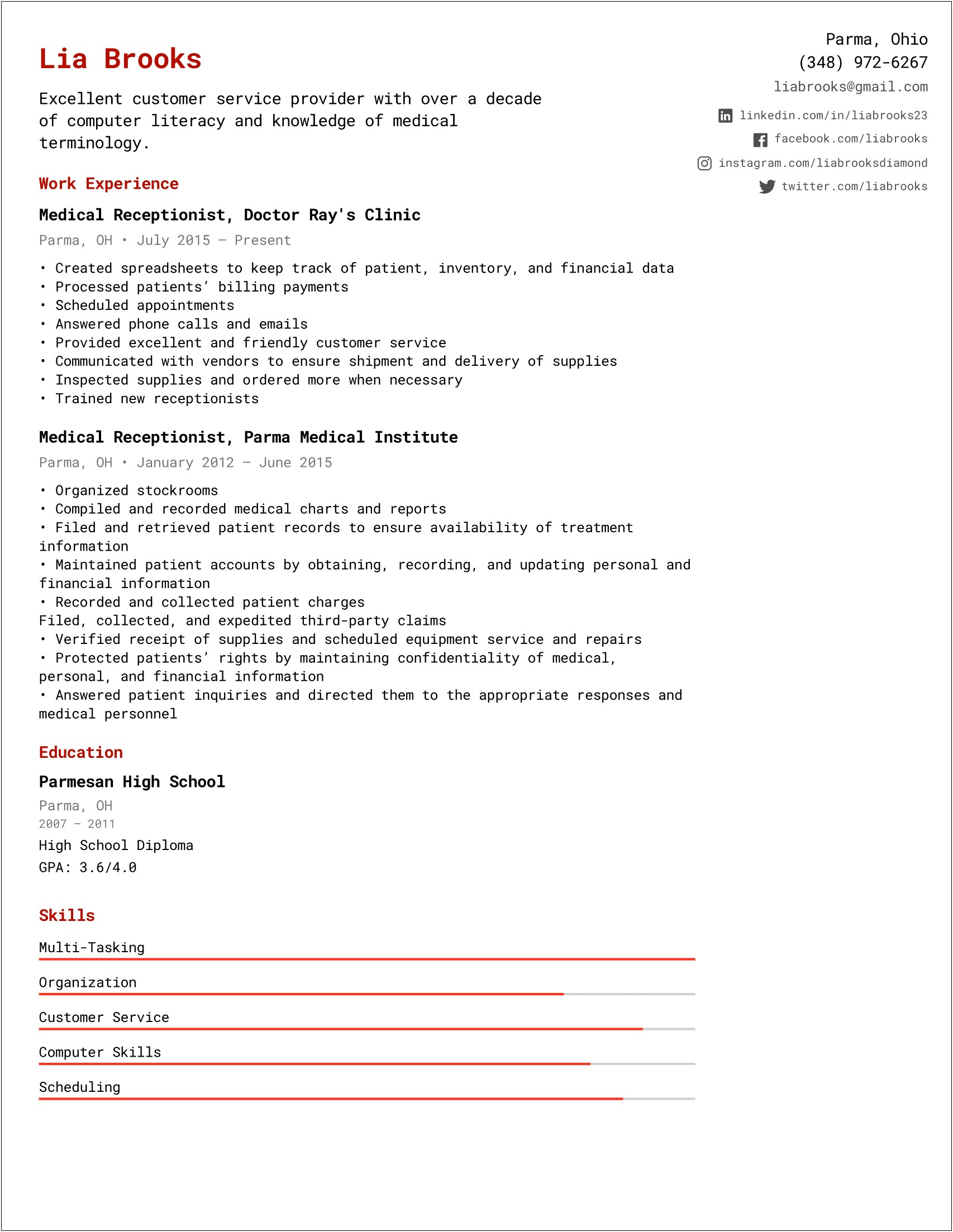 Free Resume Examples For Receptionist