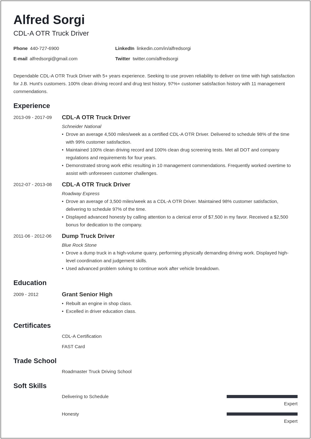 Free Resume Examples For Truck Drivers