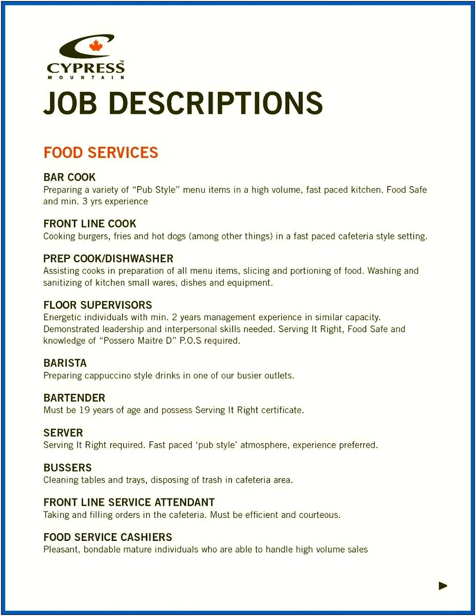 Free Resume Food Service Supervisor Job Description