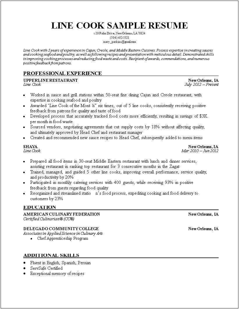 Free Resume For Chef Position