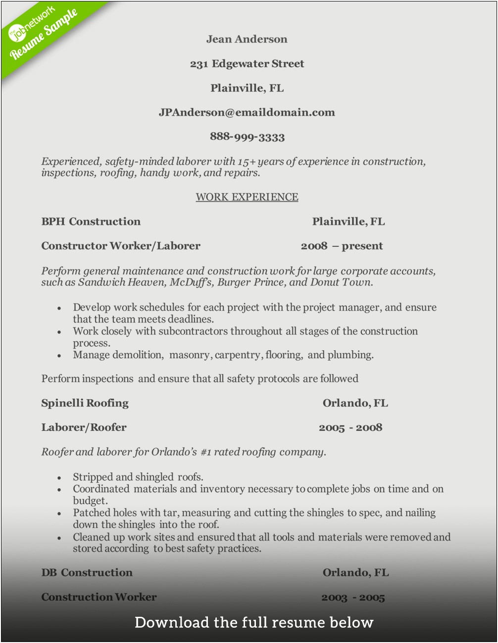 Free Resume For Construction Foreman