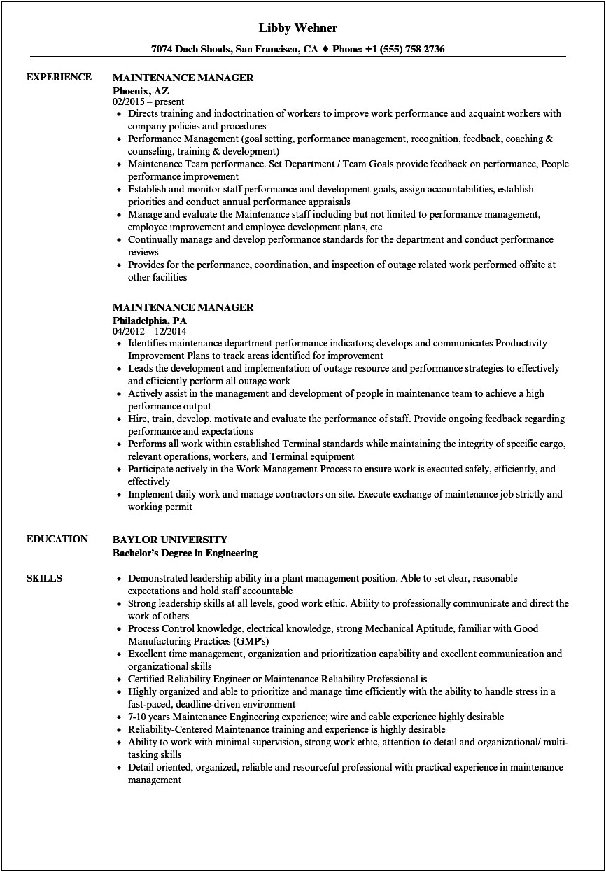 Free Resume For Maintenance Manager