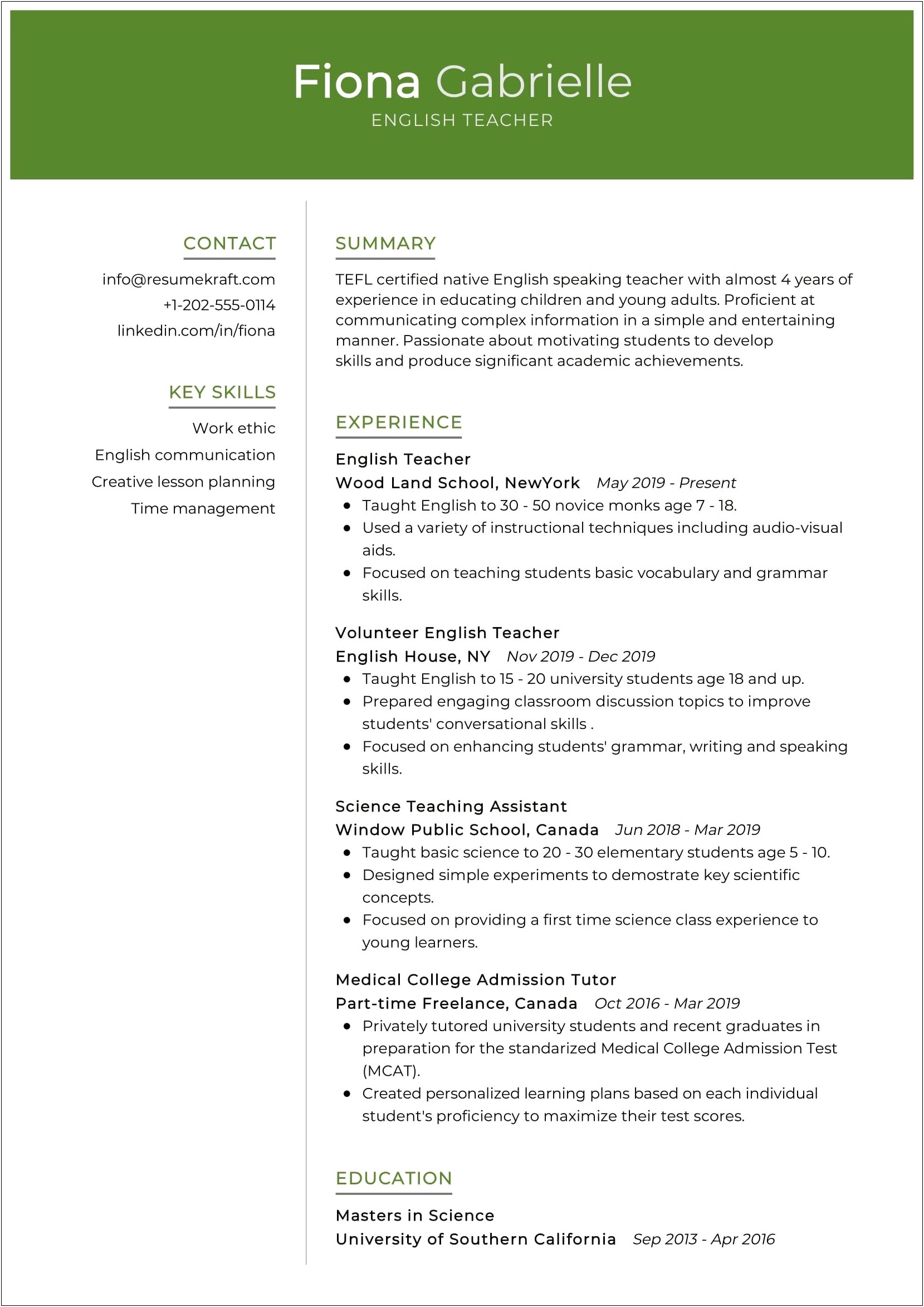 Free Resume For Teacher Job Application