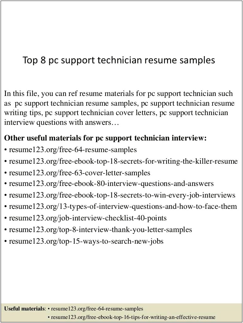 Free Resume Format For Computer Technician