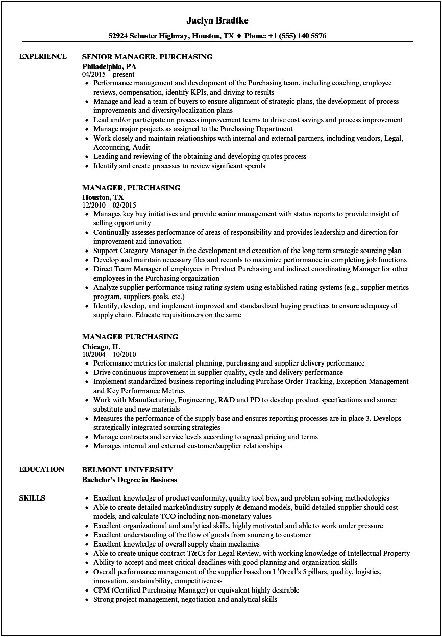 Free Resume Format Purchase Manager