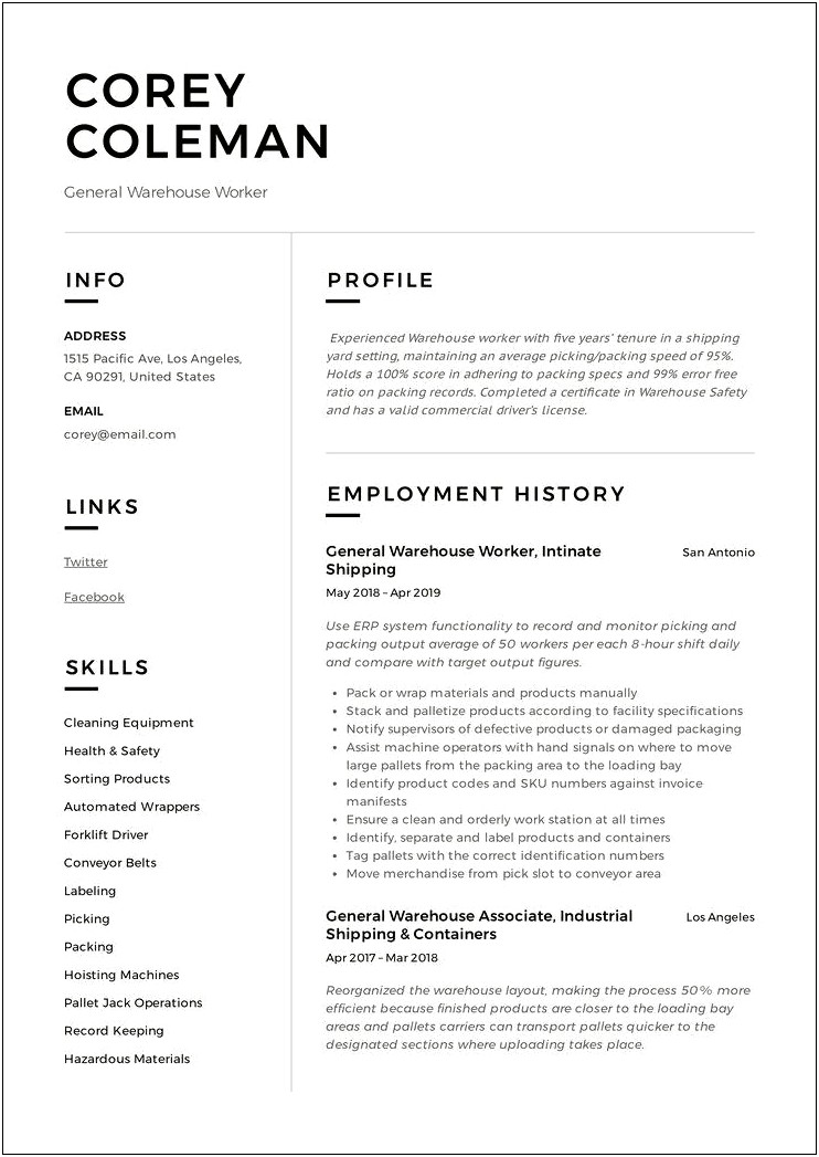 Free Resume Sample For Warehouse Worker