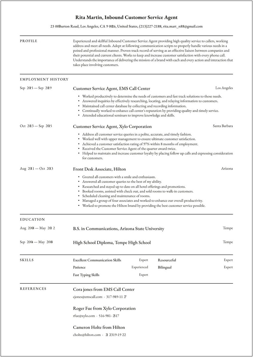 Free Resume Samples For Call Center Agents