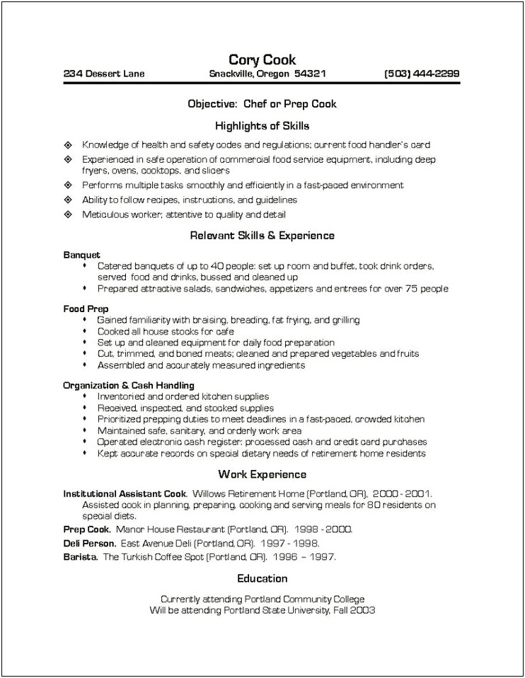 Free Resume Skill For Server Cook