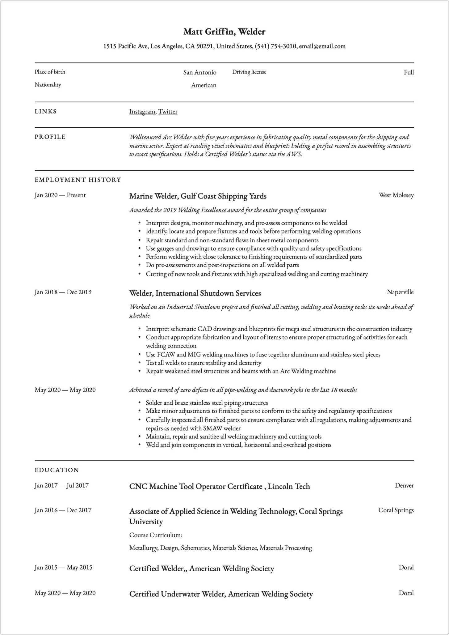 Free Resume Template For Iron Workers