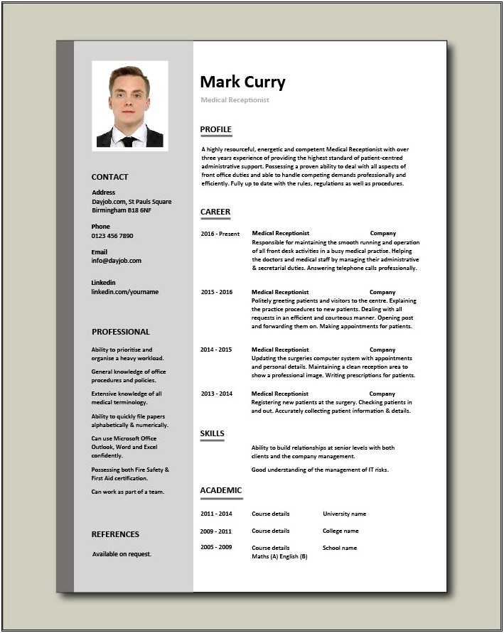 Free Resume Template For Receptionist