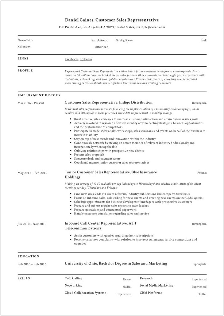 Free Resume Template For Sales Representative