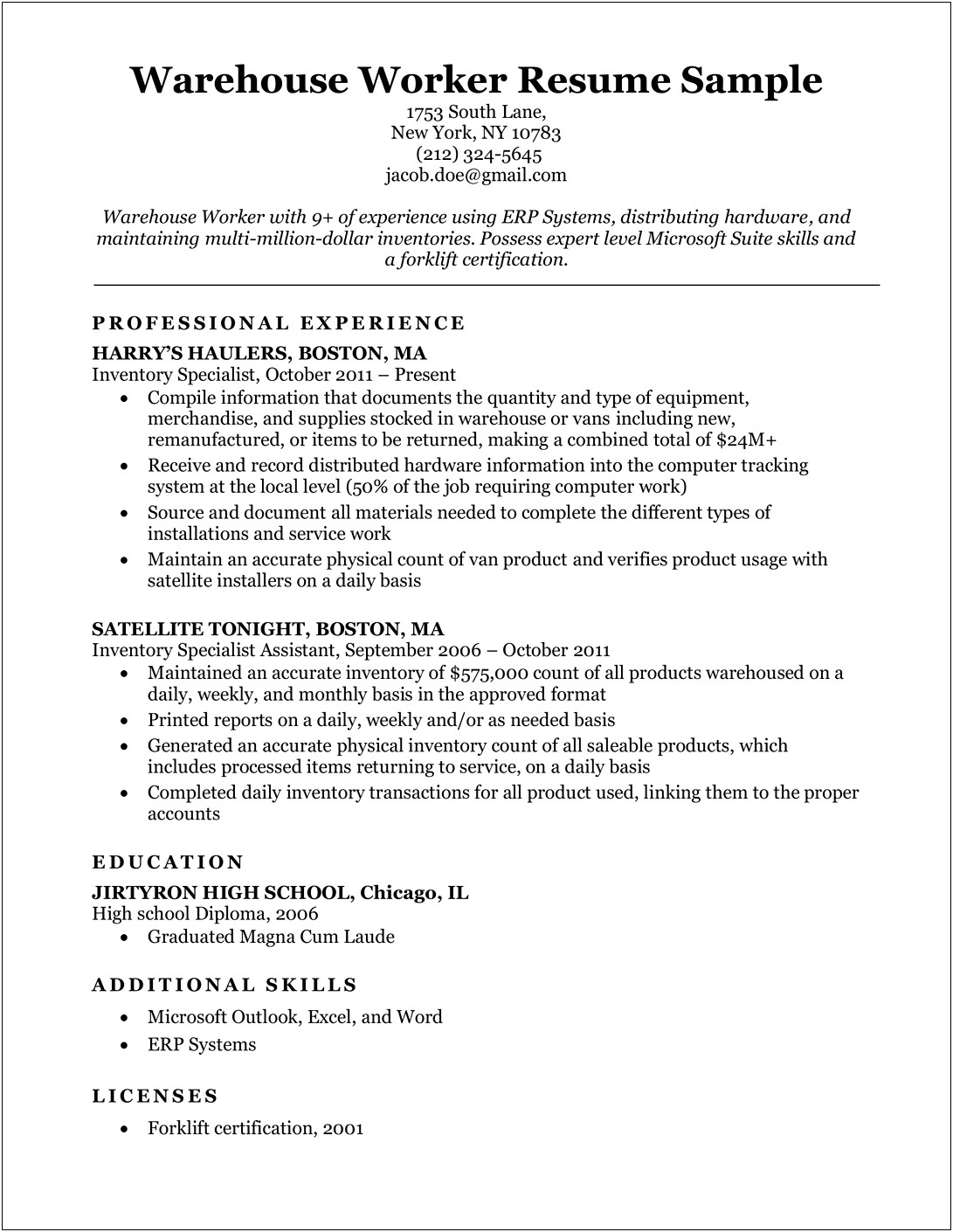 Free Resume Template For Warehouse Worker