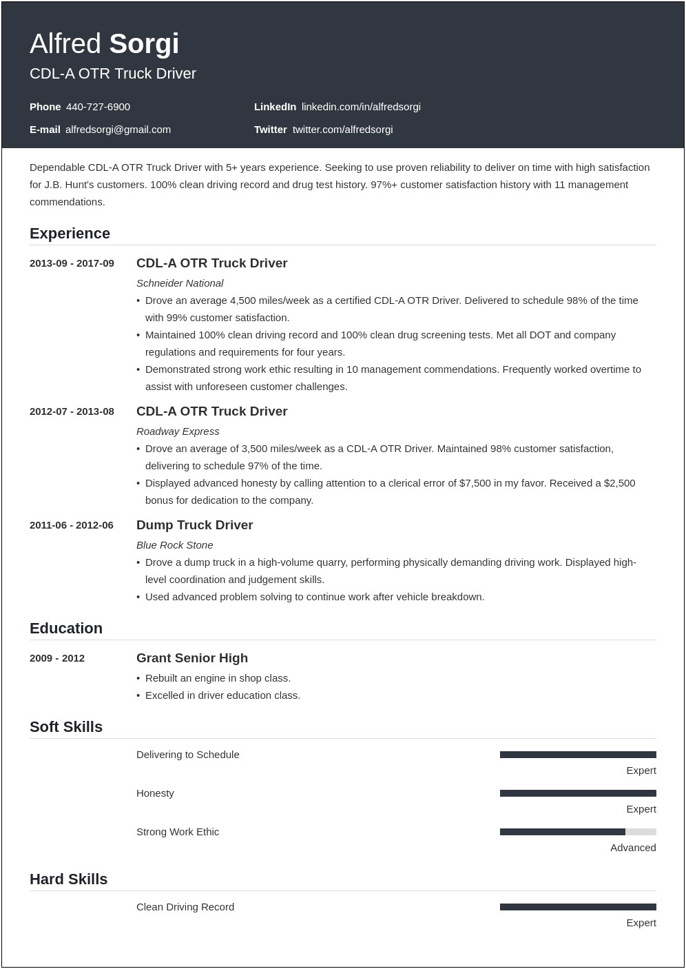 Free Resume Templates Cdl Driver