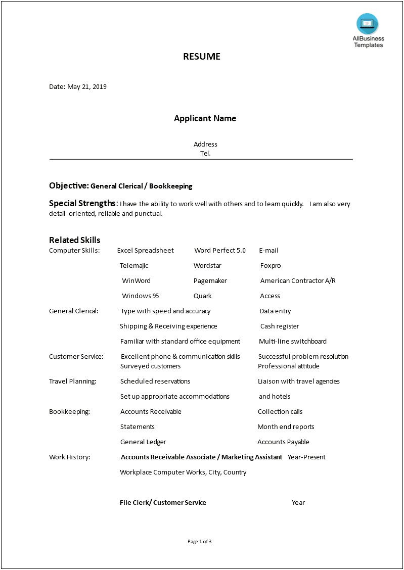 Free Resume Templates For Clerical