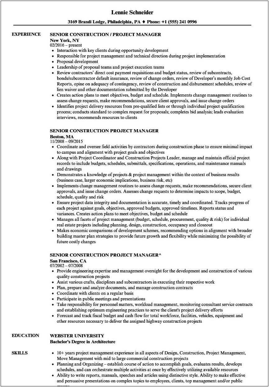 Free Resume Templates For Construction Project Manager