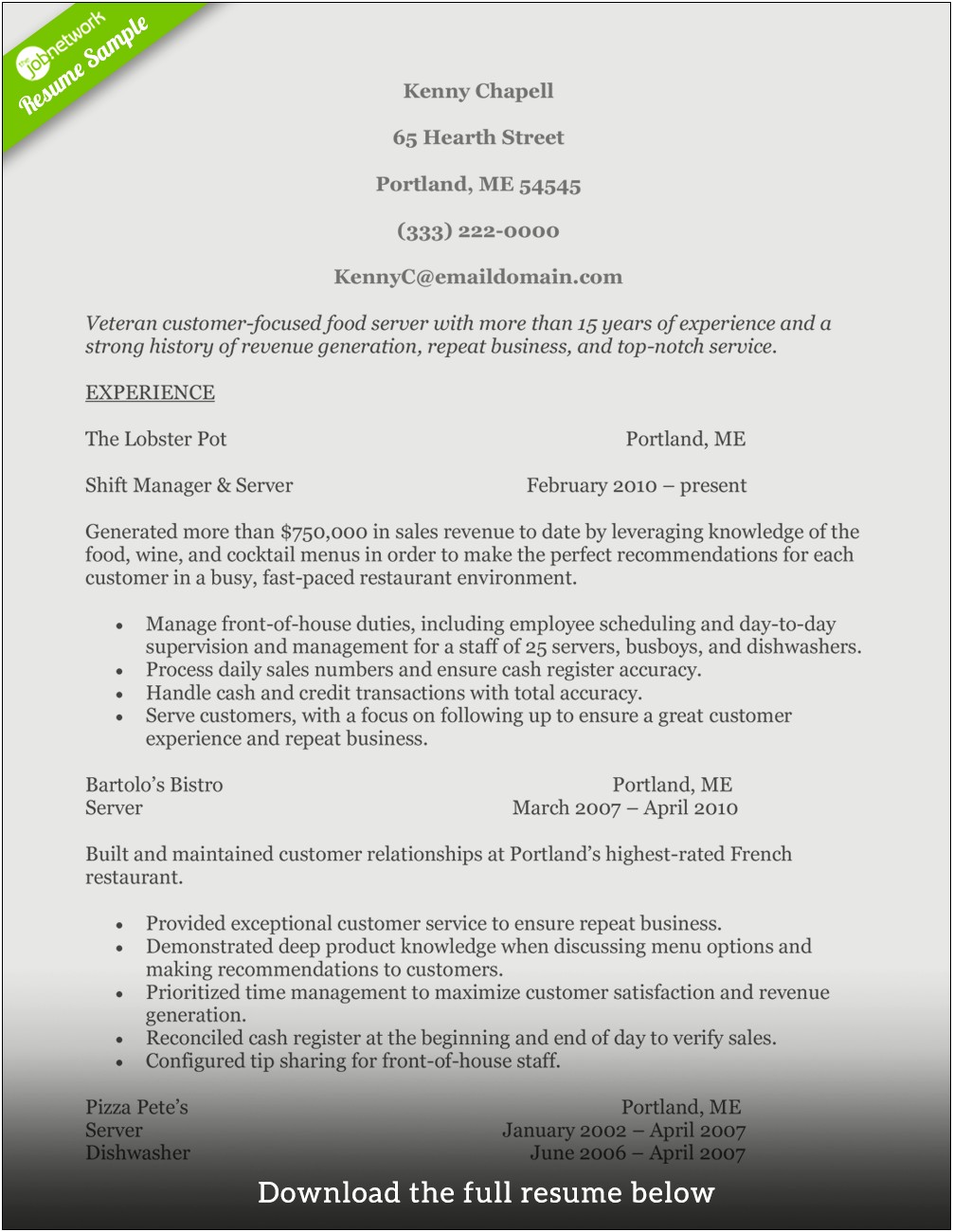 Free Resume Templates For Food Service
