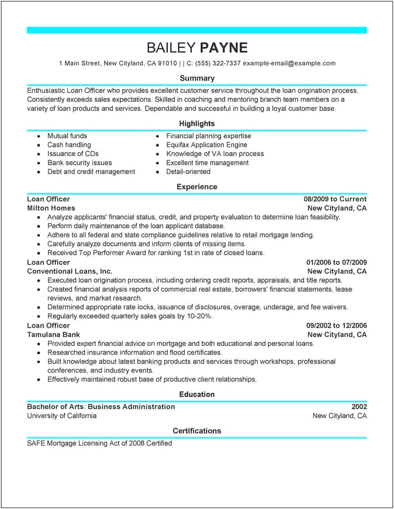 Free Resume Templates For Loan Processors