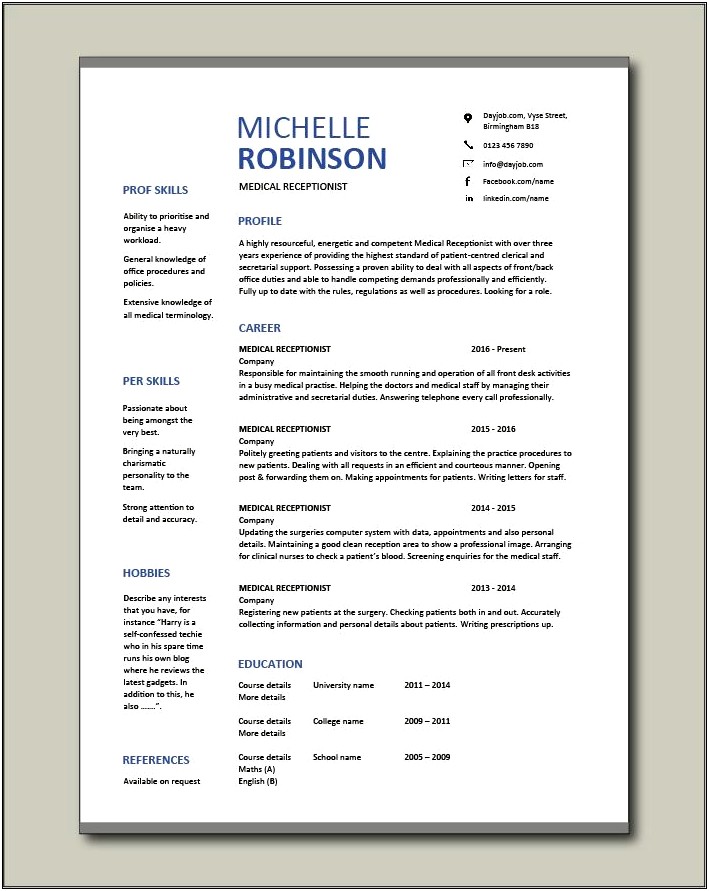 Free Resume Templates For Medical Receptionist
