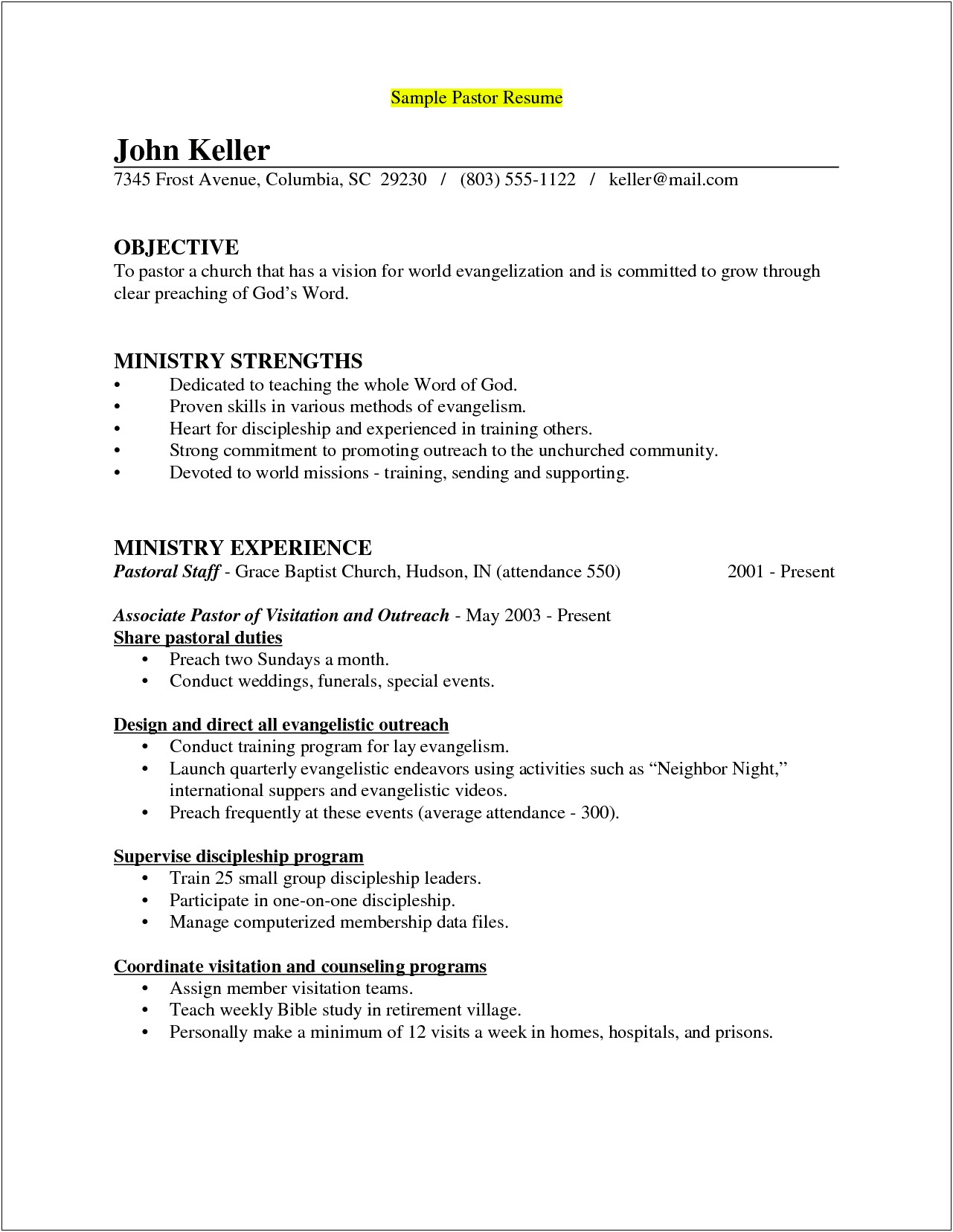 Free Resume Templates For Pastor