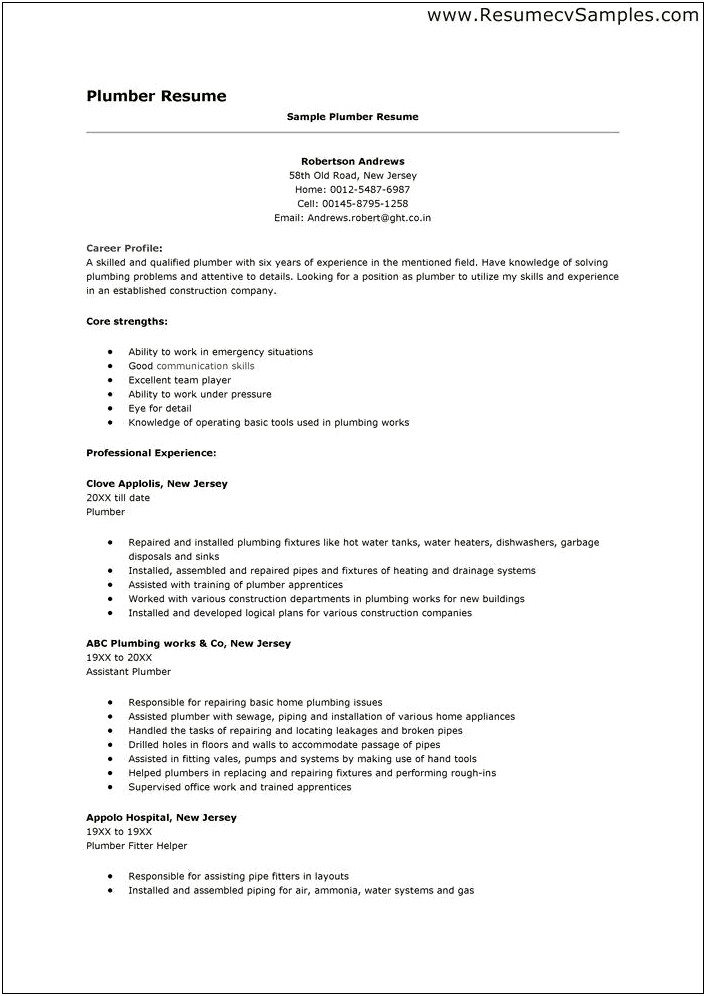Free Resume Templates For Plumbers