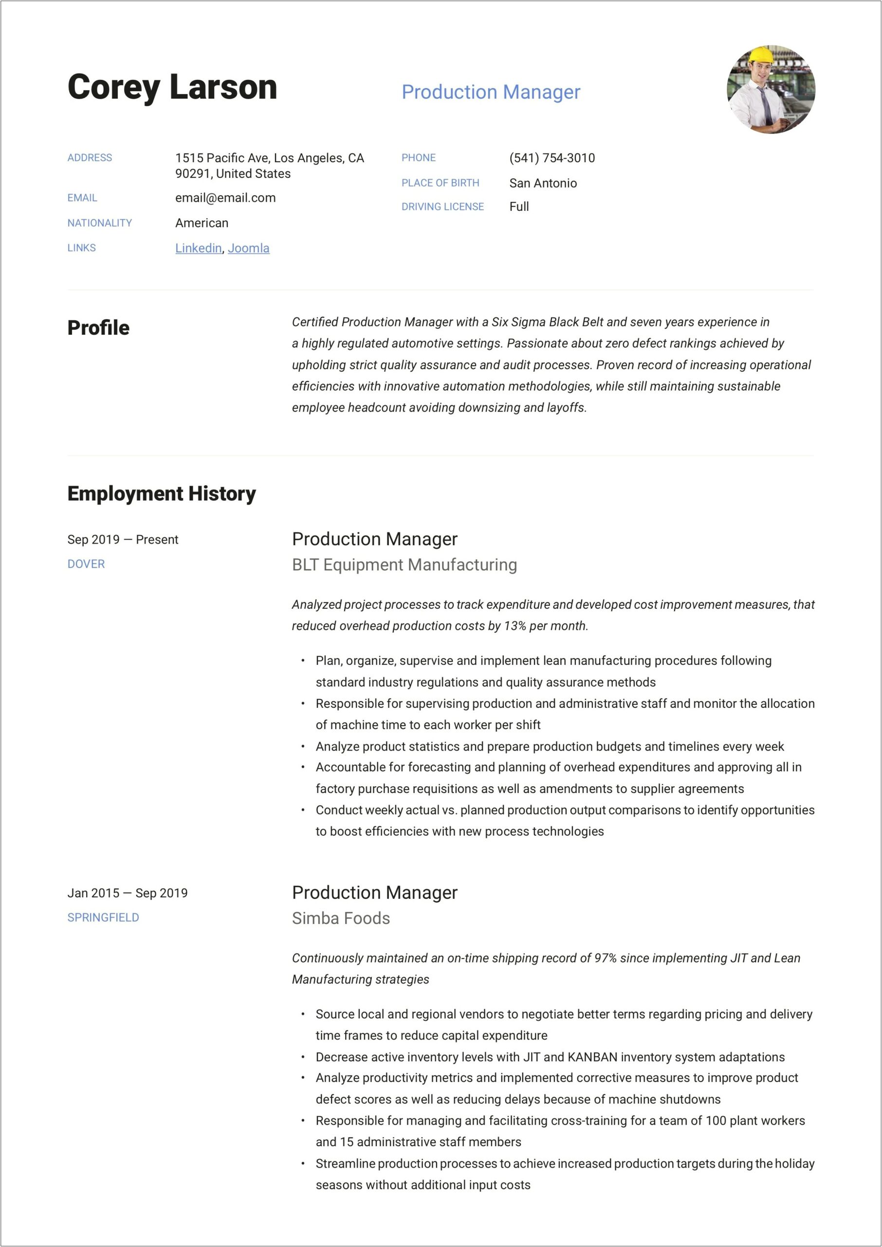 Free Resume Templates For Production Manager